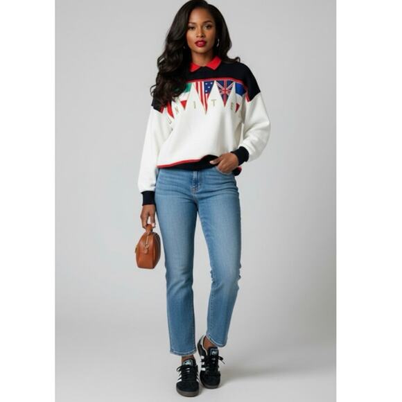 VTG Fia Italia Sweater Womens Small White Multi Long Sleeve Knit Pullover Preppy - Picture 1 of 8